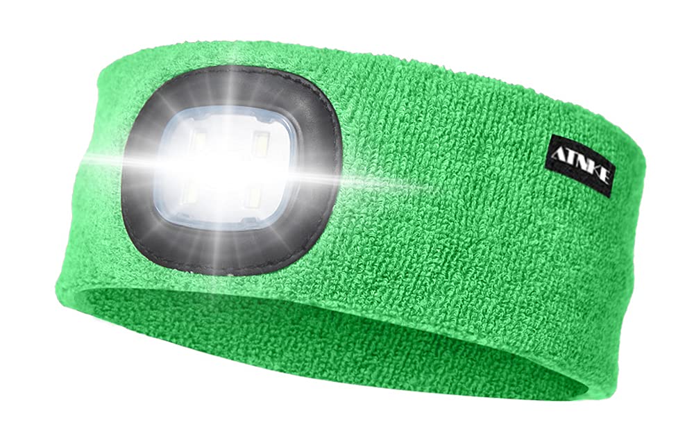 ATNKE LED Lighted Headband, USB Rechargeable Running Hat Ultra Bright 4 LED Waterproof Light Lamp Headlamp High Stretch Moisture Wicking Multi-Color/Fluorescent green — image 1