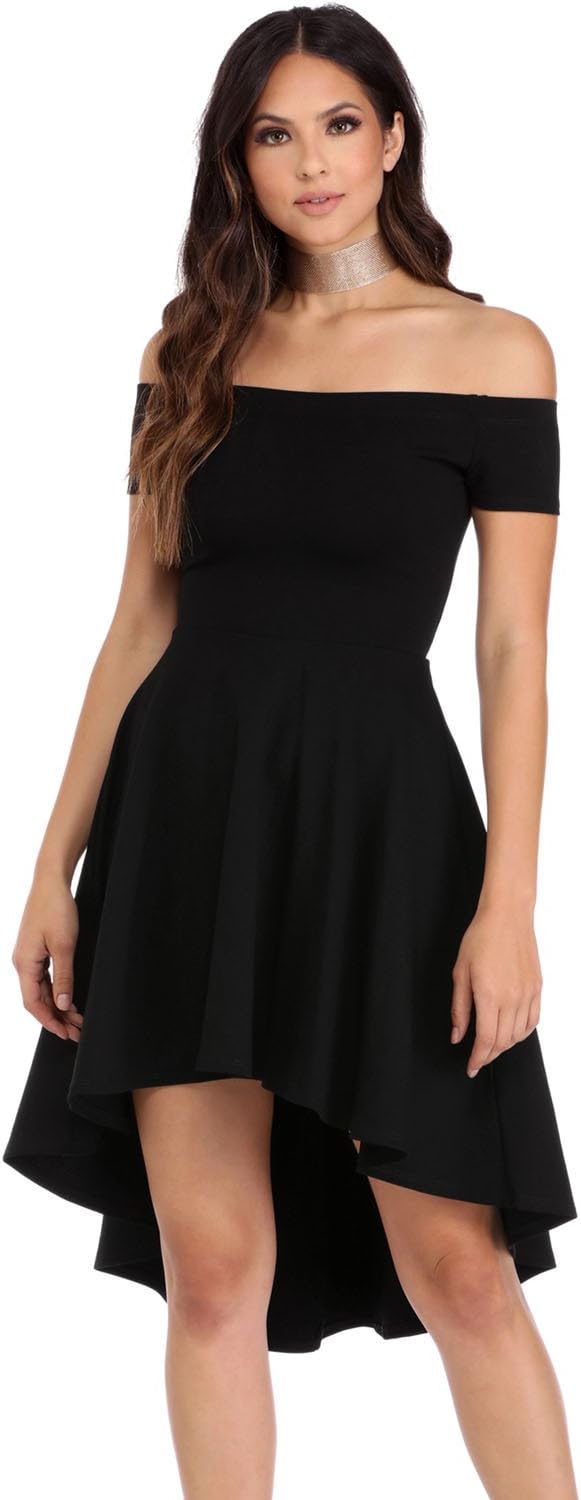 Lovezesent Women Tailored Skater Dress Off Shoulder Casual Fomrmal Evening Pleated Swing Dress