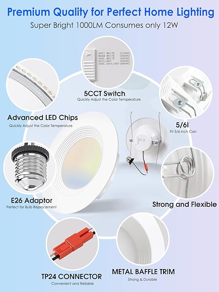 12 PACK 5/6 INCH 5CCT LED RECESSED LIGHTING RETROFIT, 2700K/3000K/4000K/5000K/6500K SELECTABLE, DIMMABLE CAN LIGHTS WITH BAFFLE TRIM, 12W=150W, HIGH BRIGHTNESS 1000LM, IC& WET RATED, ETL&FCC CERTIFIED