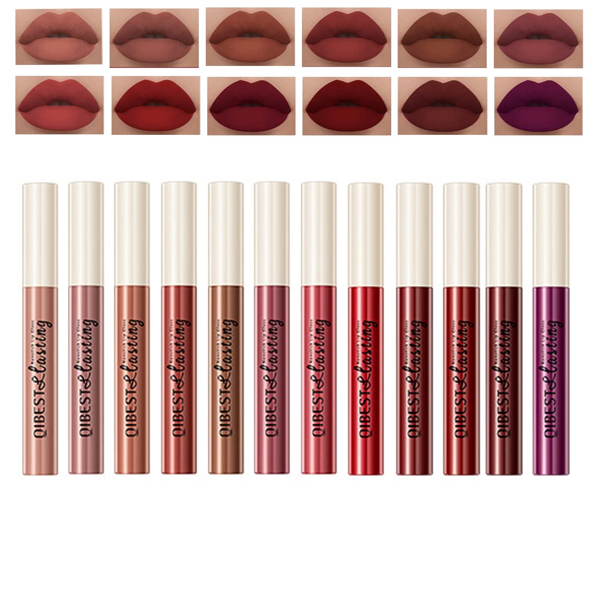 Pakivs 12Pcs Matte Liquid Lipstick Set, Dark Bright Red 24-hour Lip Gloss Kit Long-Lasting Waterproof Lip Stain Non-Stick Cup Not Lipgloss Set for Women