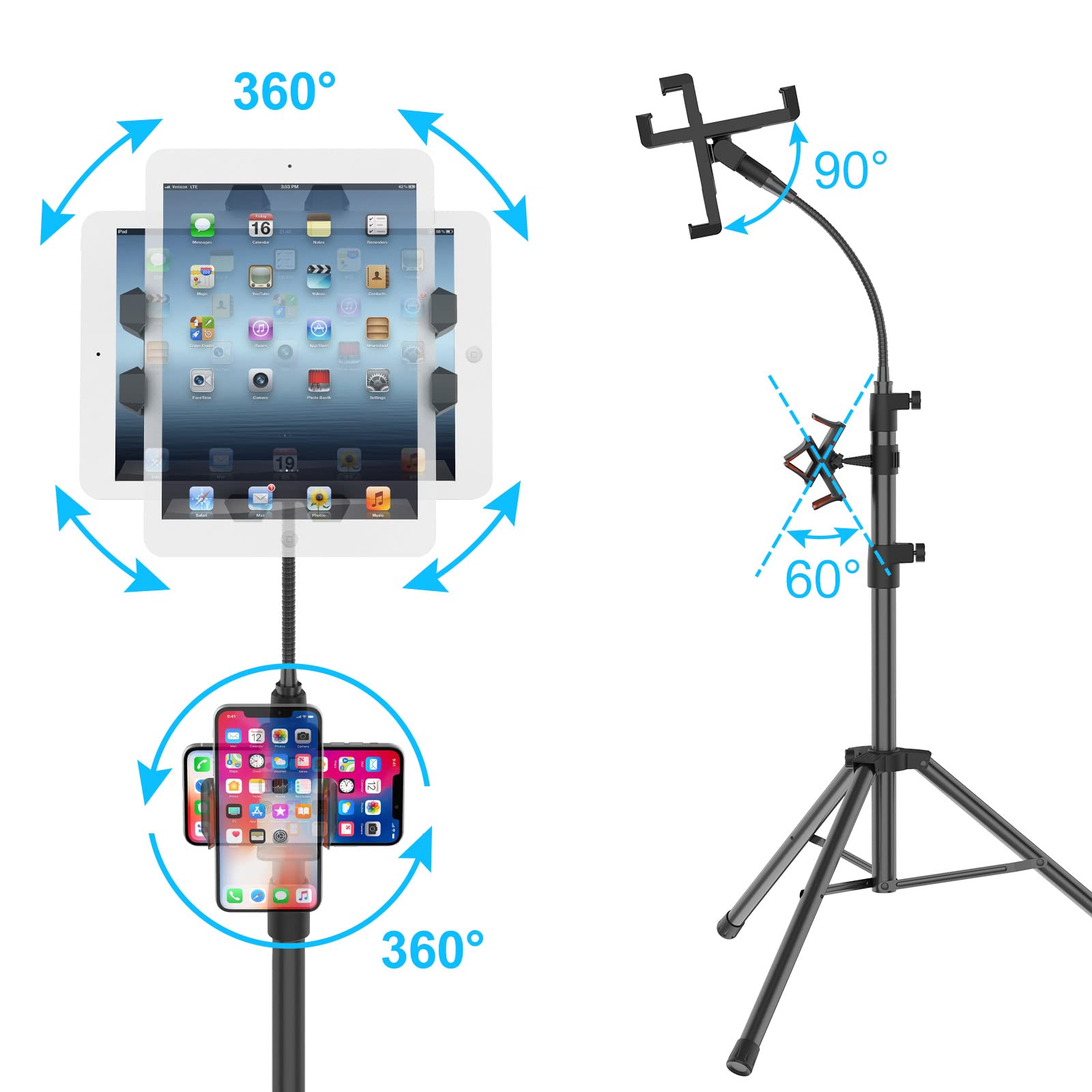 Tripod Stand for Ipad,Gooseneck 65-inch Floor Stand for Tablet,Floor Stand for iPad Tripod with 360° Rotating Mount for Mini, Air, Pro and All 4.7-11.9 Inch Tablet and Phone