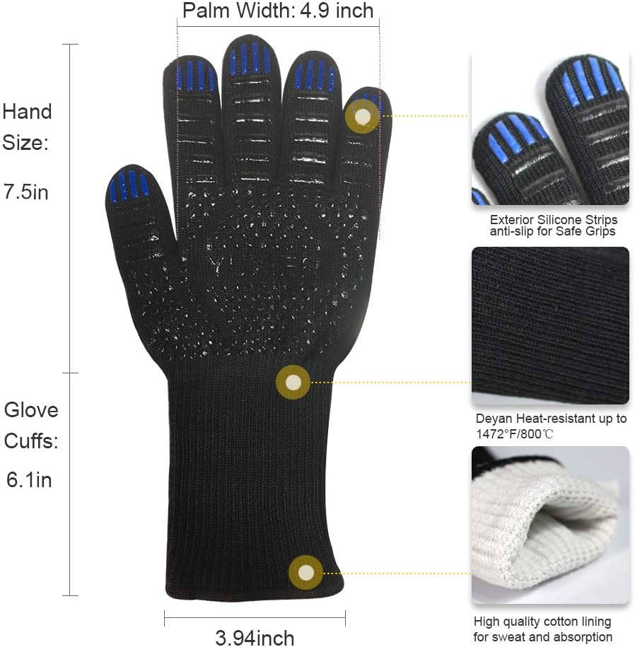 Yuxier Oven Gloves BBQ Grill Gloves 1472°F Extreme Heat Resistant Oven Mitts for Cooking, Grilling, Kitchen, Smoker Baking, Barbecue, Fireplace, Welding, Cutting (13.8inch, Black Gloves) : Sports & Outdoors