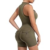 YEOREO CoreFlex Sleeveless Workout Jumpsuit With Pockets Zip Up Back Scrunch Gym Romper for Women Yoga