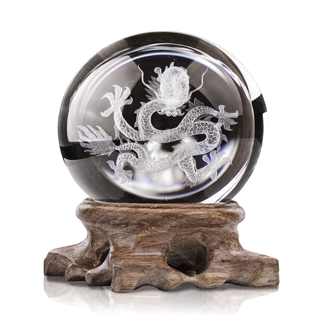 3D Inner Carving Dragon Crystal Ball Feng shui Crystal Glass Globe Paperweight with Wood Stand For Home Decor