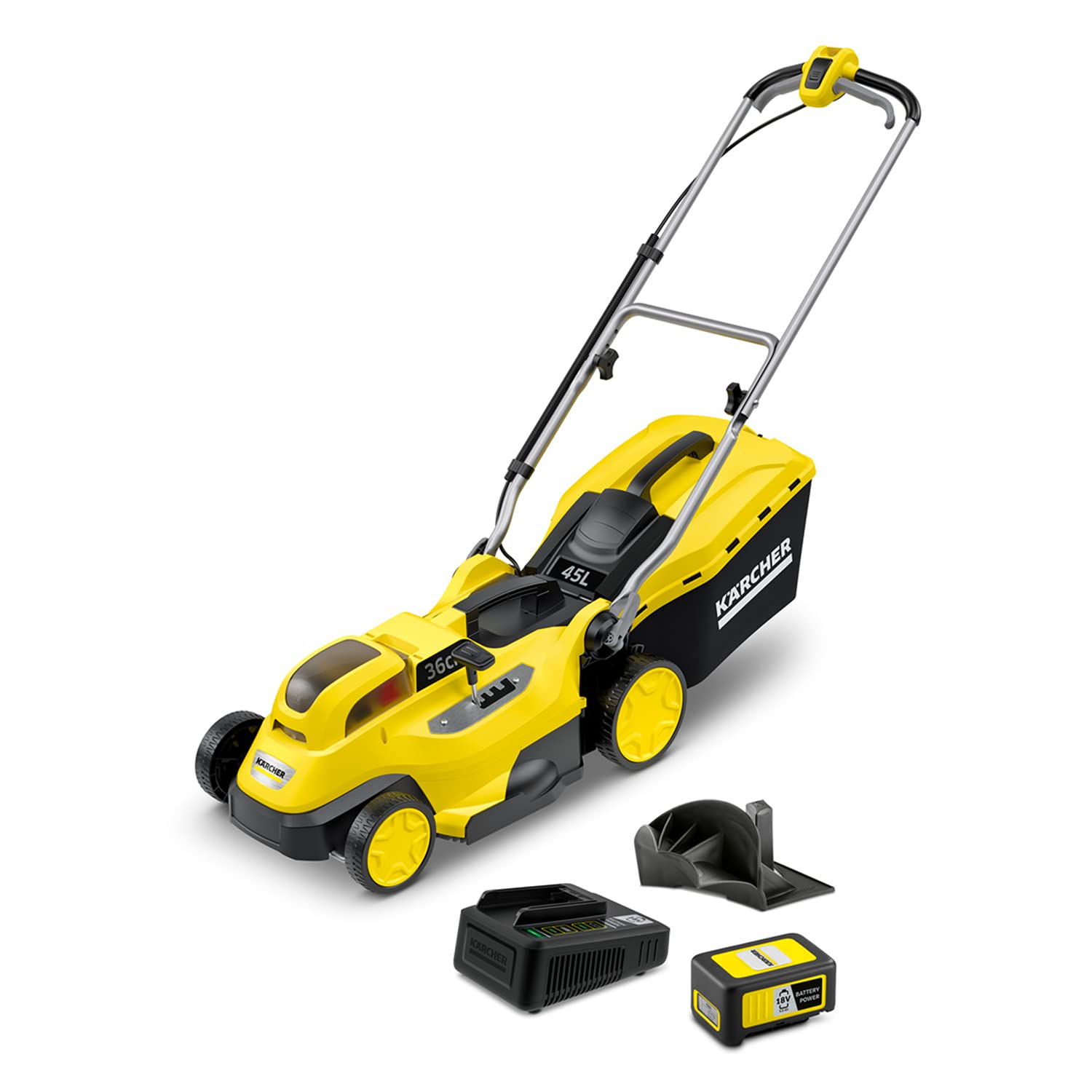 Kärcher 18v Lawn Mower LMO 18-36 Battery Set, Incl. 18v Battery and Fast Charger, Performance: 350m², Cutting Width: 36cm, Adjustable Cutting Height: 30-70mm, Mulching Plug, 45L Catcher Box