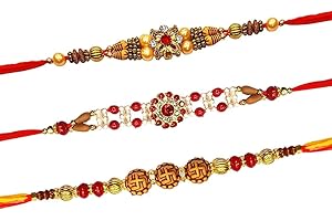 Pack of 3 Designer Rakhi Bracelet for Brother on Raksha bandhan with Fancy Multicolor Beads N Stone Designer Traditional Rakh