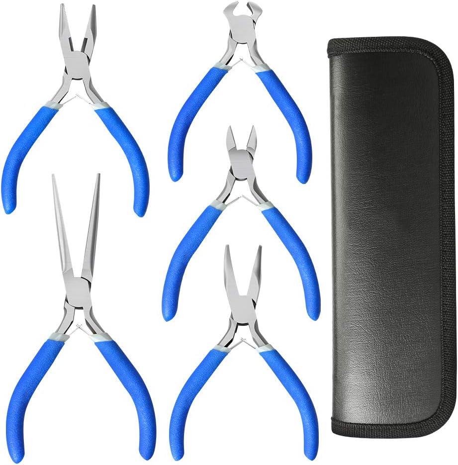 Kingsdun 5 Piece Mini Pliers Set, Needle/Long Nose/Diagonal/End Cutting/Linesman Pliers, Flush Side Wire Cutter Pliers Set for Craft Jewelry Arts Mechanical Work Small Electronics Repair