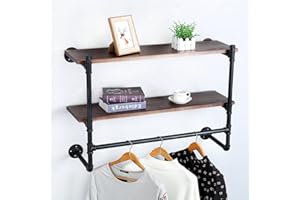 HAOVON Industrial Pipe Clothing Rack Wall Mounted Wood Shelf,Pipe Shelving Floating Shelves,Retail Garment Rack Display Rack Clothes Racks(2 Tier,36in)