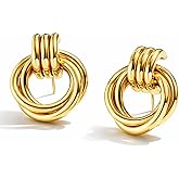 AeonArc Gold Dangle Earrings for Women, 18K Gold Plated Chunky Knot Drop Earrings, Bold Statement Earrings for Everyday Wear, Work, Weddings & Gifts