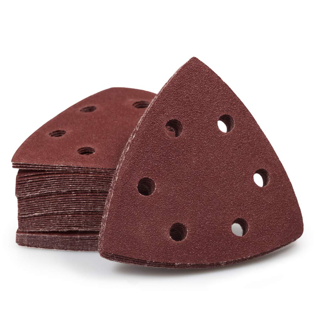 SPEEDWOX 50 Pcs Triangle Sanding Pads Hook and Loop 120 Grit Oscillating Sanding Pad 90mm 6 Holes Fit 3-1/2 Inches Oscillating Multi Tool Detail Sander Sandpaper Triangle Sanding Discs Sanding Tool