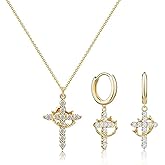 YOYUNLUO Gold Crown Cross Hoop Earrings and Pendant Necklace Set for Women, 14K Gold Plated Brass, Cubic Zirconia Huggie dangle Earring Jewelry, Trendy Dainty Christian Jewelry Gift