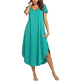 Ekouaer Long Nightgowns for Women Short Sleeve House Dress with Pockets V Neck Sleepshirts Side Split Sleepwear S-4XL