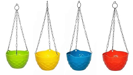 bvslf Hanging Flower Pot Gamla for Indoor Outdoor Plants Garden Balcony, Flower Pot Basket Hanging for Balcony Grill with Metal Chain, Set of 4, Multicolor