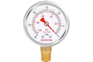 GOATACURA -30inHg/kpa-0 Glycerin Filled Vacuum Pressure Gauge, 2" Dial Size, 304 Stainless Steel Case, 1/4" NPT Lower Mount, with High Accuracy