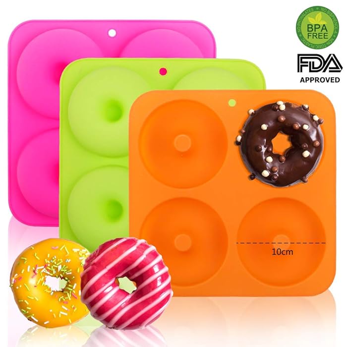 BAKHUK 3Pack 4" Donut Baking Pan Full Size Non Stick Silicone Molds Donut Trays Donut Pans - 3 Colors