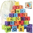 MOBU Foam Building Blocks for Toddlers,30 pcs 2-inch Alphabet Letters Number Blocks with Storage Bag, Learning ABC, 123 Stacking Blocks for Kids