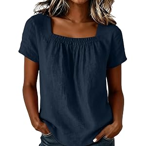 Womens Cotton Linen Smocked Square Neck Top | Womens Short Sleeve Dressy Casual Blouses Summer Gauze Tops Loose Lightweight T