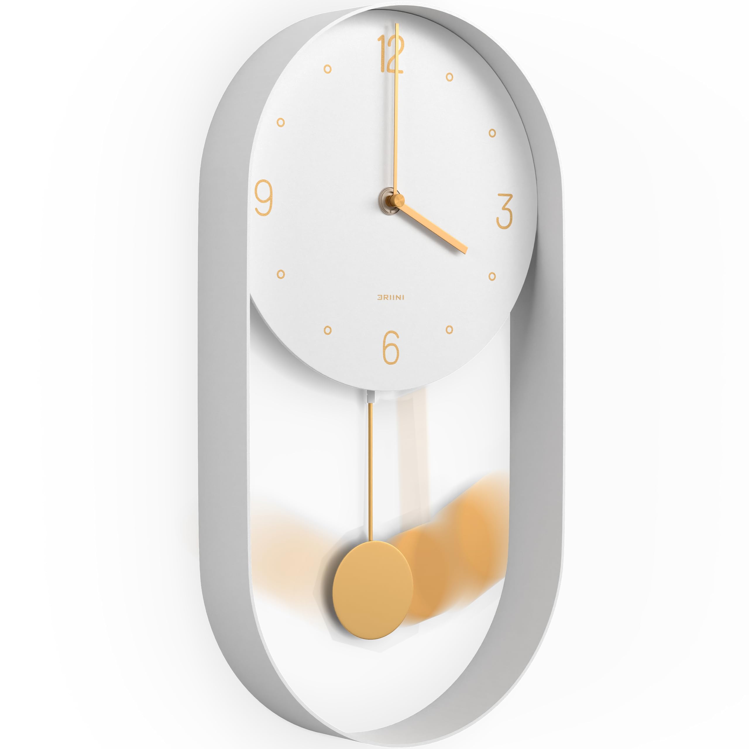 Photo 1 of Driini Modern Pendulum Wall Clock - Decorative and Unique Metal Frame, with 8 Inch Face - Contemporary, Minimalist Design, with Silent Non Ticking Operation - Includes Both White and Gold Pendelum