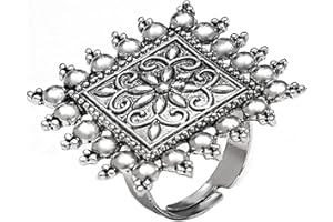 HEBELEE Boho Vintage Square Flower Statement Ring for Women Girls White Gold Plated Engrave Flowers Geometric Rings Comfort Fit Dainty Birthday Christmas Party Jewelry Size 6-8