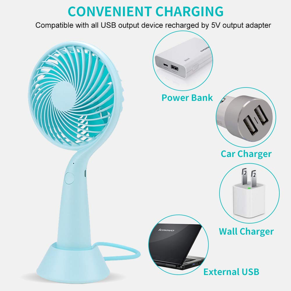 LBTbate Mini Handheld Fan, Portable Personal Fan Chargeable Battery Operated Powered Cooling Desktop Electric Fan with Base, 3 Speeds for Office/Home/Travel/Outdoor (Green)