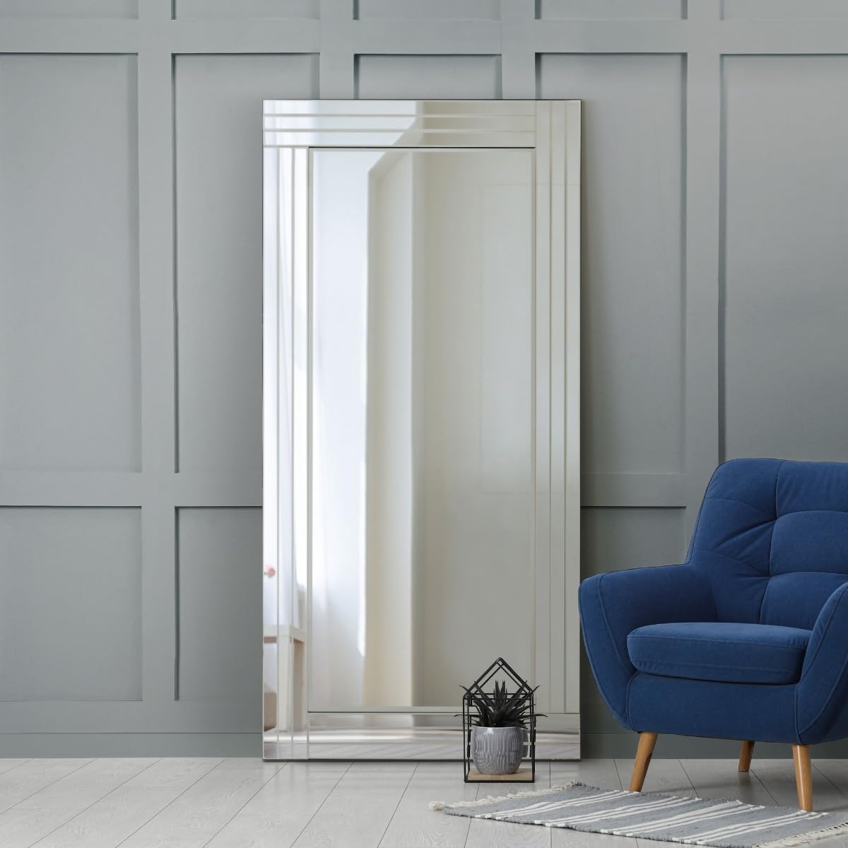 MirrorOutlet Large Silver Bevelled Modern All Glass Wall Mirror 5Ft8 X 2Ft9 174cm X 85cm, Frameless