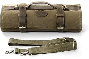 HEZHEN Knife Roll, Chef's Knife Roll Bag, Heavy Duty 16 oz Waxed Canvas and Crazy Horse Leather Knife Bag with 12 Knife Slots