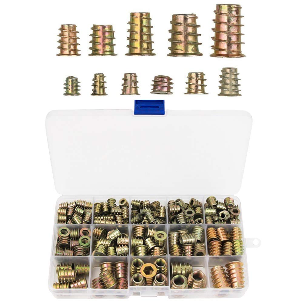 TOCYORIC 230 pieces M4/M5/M6/M8/M10 zinc alloy hexagon socket nut, screw socket zinc alloy ramp sleeve assortment for wooden furniture, threaded inserts with storage box