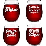 Set of 4 Crude & Rude Funny Wine Glasses (15 oz)- Novelty Glassware Gifts for Women- Hilarious Party, Event, Hosting Fun- Win