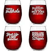 Set of 4 Crude & Rude Funny Wine Glasses (15 oz)- Novelty Glassware Gifts for Women- Hilarious Party, Event, Hosting Fun- Wine Lover Glass w/Funny Sayings- Birthday Wine Gift for Friends- Made in USA