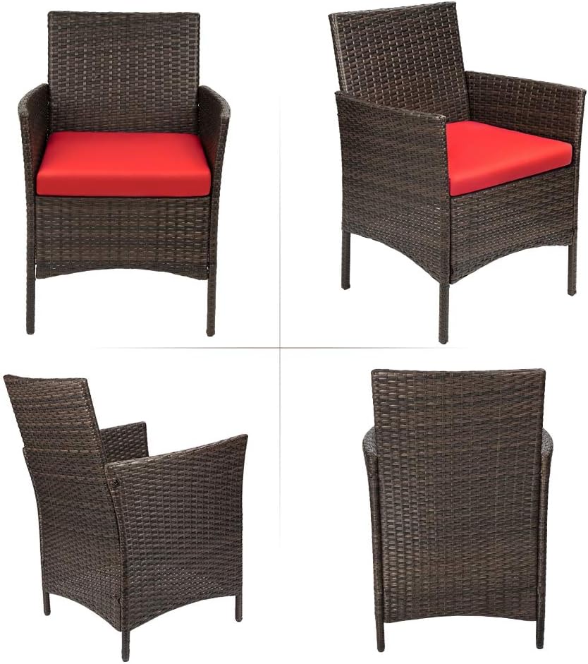 Devoko Patio Porch Furniture Sets 3 Pieces PE Rattan Wicker Chairs with Table Outdoor Garden Furniture Sets (Brown/Red): Garden & Outdoor