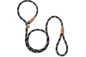 Petarea 5 FT Slip Lead Dog Leash, Heavy Duty Rope Leash for Small Medium Large Dogs, No Pull Training Lead with Reflective Thread, Strong Comfortable Loop Leash (Black Stripe, Large(1/2"))