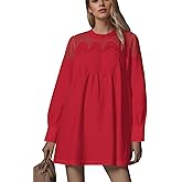 MISSACTIVER Floral Crochet Mini Dress for Women Sheer Lace Mesh Crew Neck Long Sleeve Pleated A Line Shirt Dresses Red