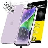 NEW'C 3x for iPhone 14 Screen Protector (6.1 inches)+ 3x Camera Lens Protector, Sensor Protection + Dust Plug - Case Friendly Tempered Glass Film, Ultra Resistant