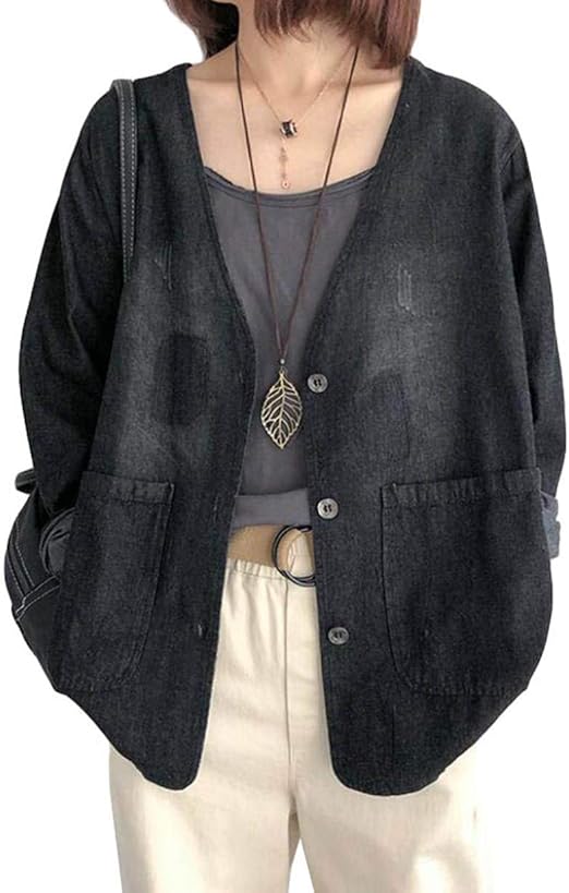 Yyq Shop デニムジャケット レディース 長袖 カーディガン ショート丈 ボタン ファッション Gジャン 薄手 カジュアル おしゃれ アウター ゆったり 体型カバー 秋 Freesize黒 コート ジャケット 通販 Amazon