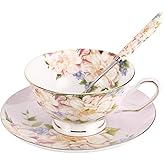 JinGlory Pink Tea Cup,Floral Tea Cup and Saucer Set,Bone China Tea Set,Coffee Cup,Tea Set for Adults/Friends/Women/Men,7OZ