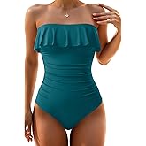Holipick Strapless One Piece Swimsuits for Women Tummy Control Bandeau Bathing Suits Ruffle Slimming Swimwear