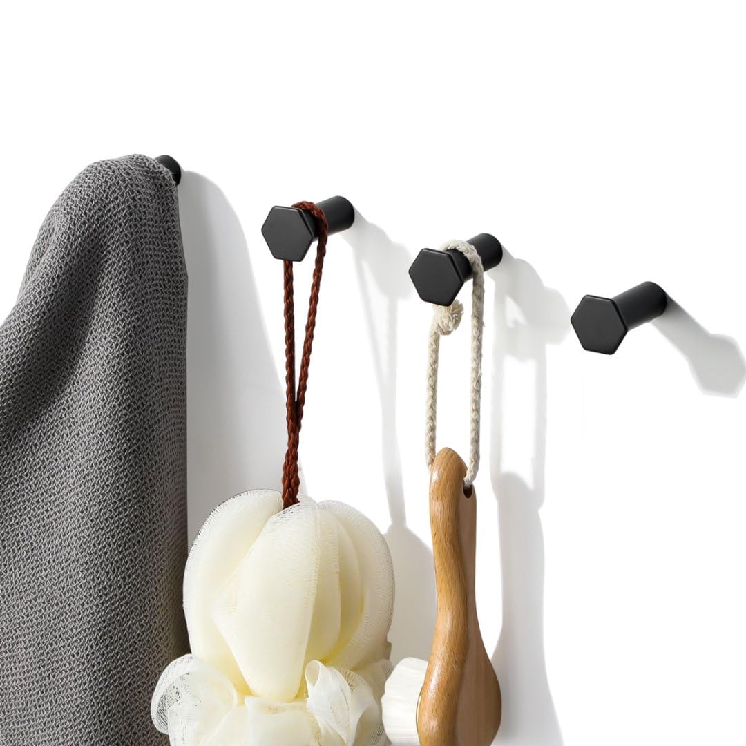 Mooche 4PCS Black Coat Hooks, Screw in Bathroom Towel Hook, SUS304 Stainless Steel Heavy Duty Door Hanger Robe Clothes Closet Sponges Hook for Wall, Matte Black Finished