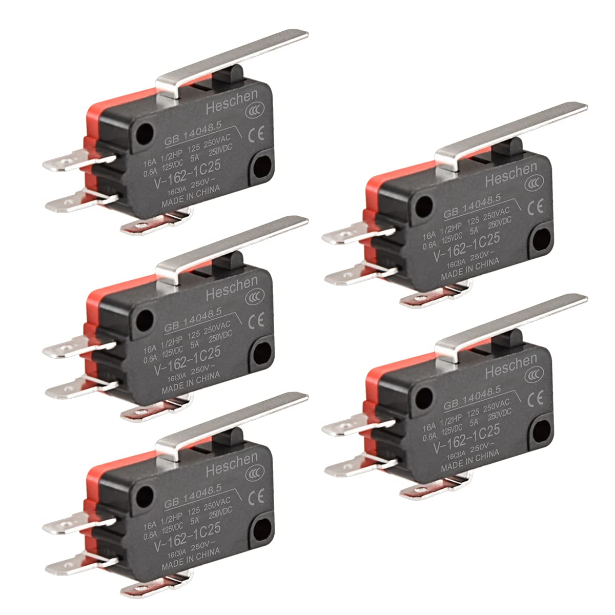 Heschen Micro Switch, V-162-1C25, SPDT, Short Hinge Lever, 16A 250VAC, 5 Pieces