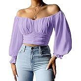 MIRACMODA Woman Off Shoulder Ruched Tie Back Lantern Sleeve Crop Tube Top Chiffon Blouse