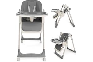 Cochildor 3-in-1 Foldable High Chair for Babies & Toddlers – Adjustable Height, Reclining Seat, 5-Point Safety Harness, Removable Tray, Lockable Wheels, Washable Cushion – Portable & Easy Clean, Grey
