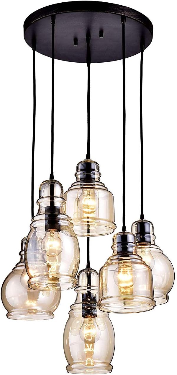 KALRI Vintage Kitchen Island Cognac Glass Chandelier Pendant Lighting Fixture with 6-Light, Antique Black Finish Ceiling Lights for Dining Room, Cafe, Bar