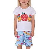 Toddler Girls Back to School Pencil Outfits Set Ruffle T-Shirt Dress and Pants Outfit Set 3-8Years