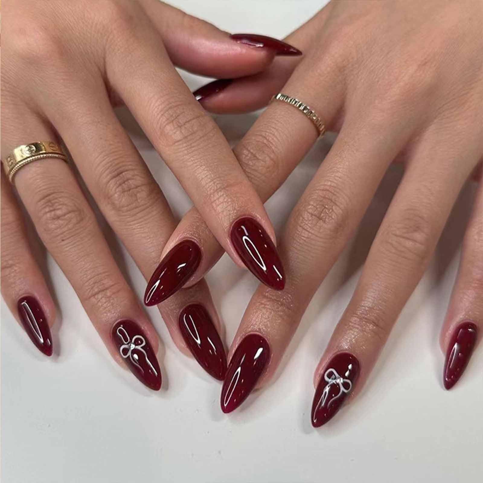 IMSOHOT Valentine's Day Press on Nails Almond Medium Wine Red Fake Nails Cute Bow with Rhinestones Acrylic Full Cover Glue on Nails Glossy False Nails Kits for Women Red Gel Natural Nails 24 Pcs