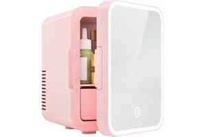 EUHOMY Mini Fridge, 5L AC/DC Small Refrigerator with Dimmable LED Mirror, Portable Cooler and Warmer for Skin Care, Cosmetics, Beverage, 5L Makeup Mini Skincare Fridge for Bedroom, Car, Office, Pink