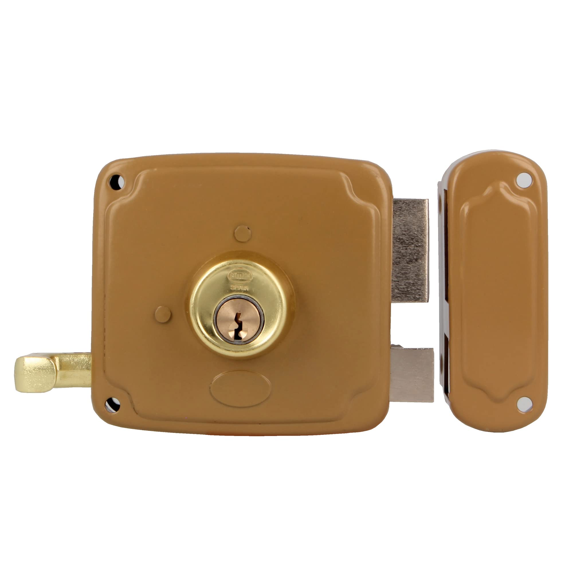 Amig - Surface-Mounted Right Lock with Closing Lever, Latch, and Handle | Made of Gold-Plated Steel | Dimensions: 85 x 95 mm | Ideal for Entry or Interior Wooden Doors
