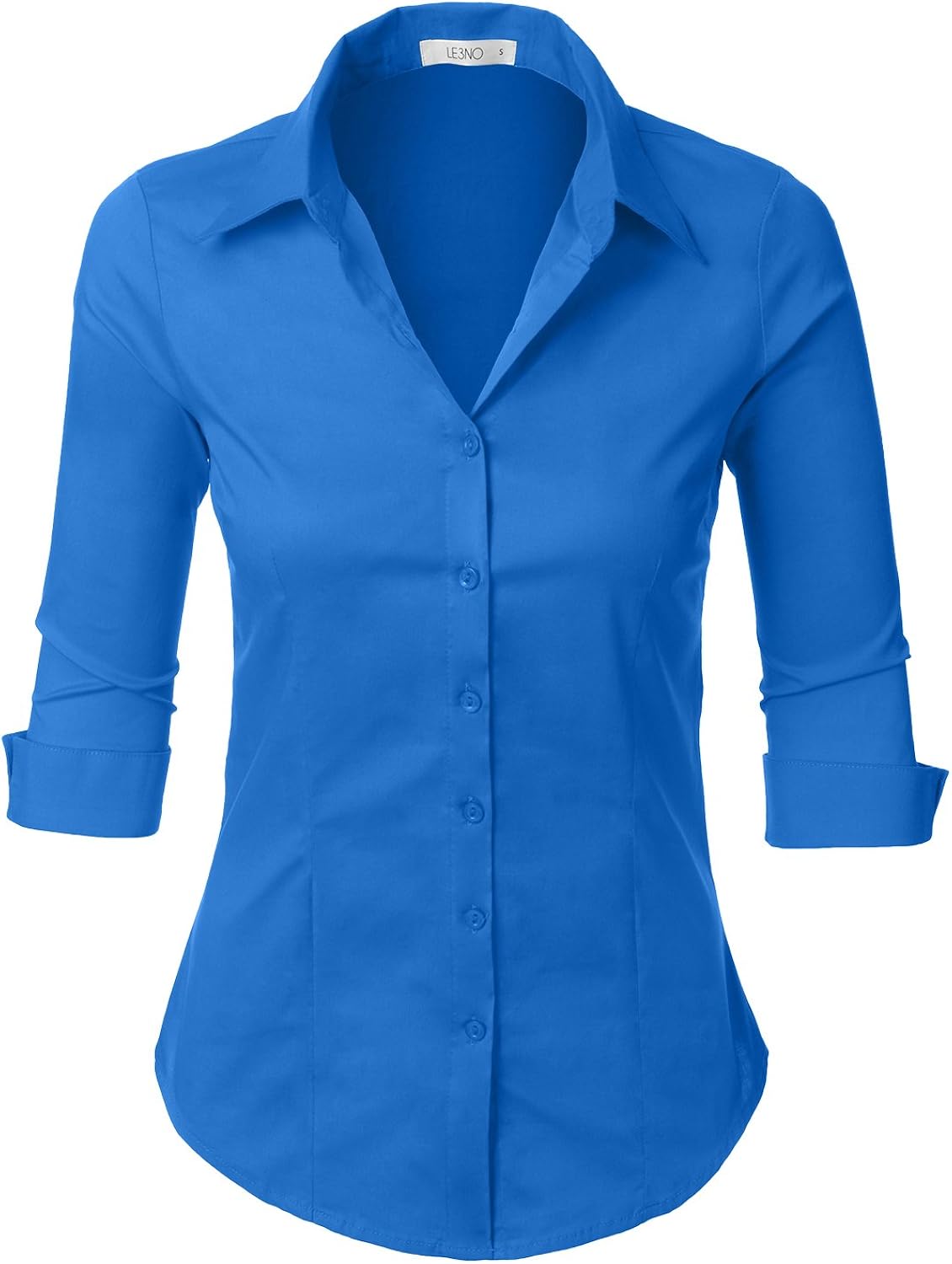 LE3NO Womens Slim-Fit 3/4 Sleeve V Neck Casual Work Shirts Top with Stretch