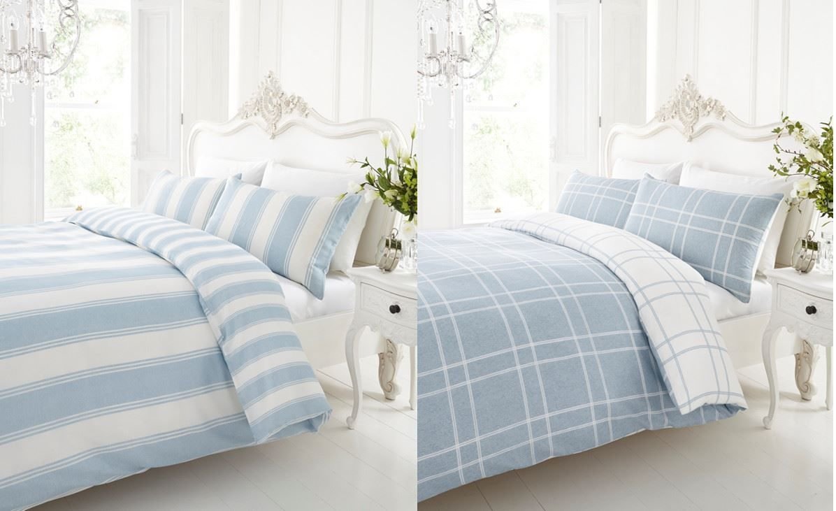 Twin Pack Chambray Blue & White Single Duvet Cover Sets Checked and