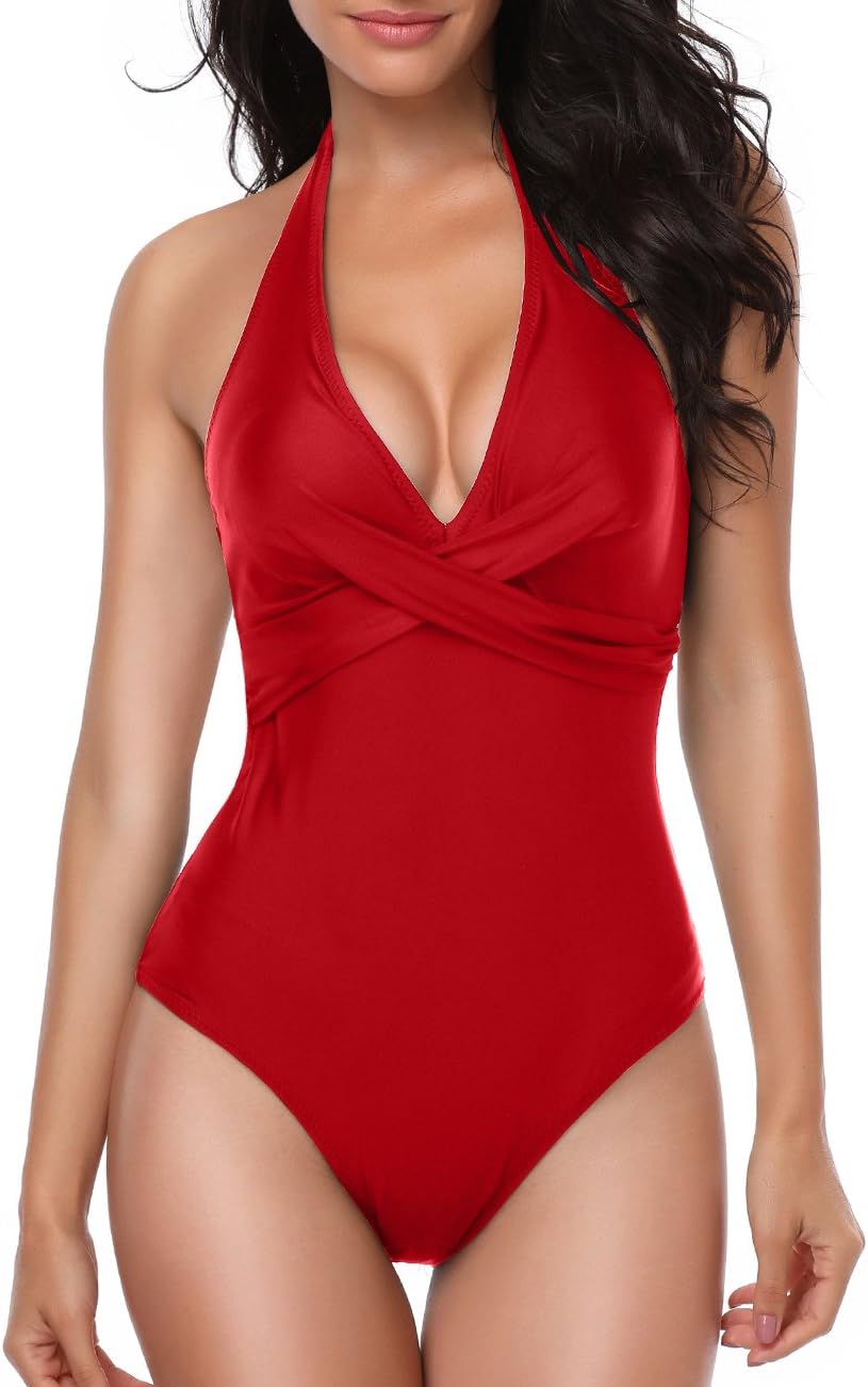 GEMAN Women's One Piece Swimsuit Crisscross Halter Monokini Swimwear (2XL, Red)