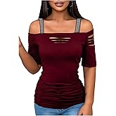 SHENHE Women's Rhinestone Strap Off Shoulder T Shirts Sexy Cut Out Short Sleeve Ruched Fitted Tees