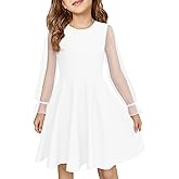 Haloumoning Girls Dresses Mesh Puff Long Sleeve Dress for Kids High Waist A Line Wedding Party Dress 5-14Y